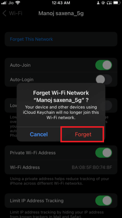 choose Forget. Fix Verification Failed Error Connecting to Apple ID Server
