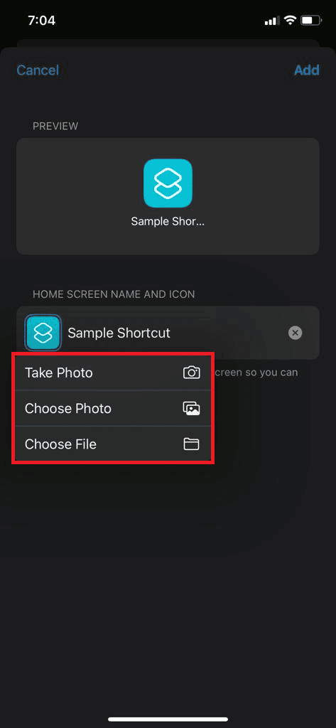 choose icon and name for the shortcut by tapping on Take Photo, Choose Photo or Choose File