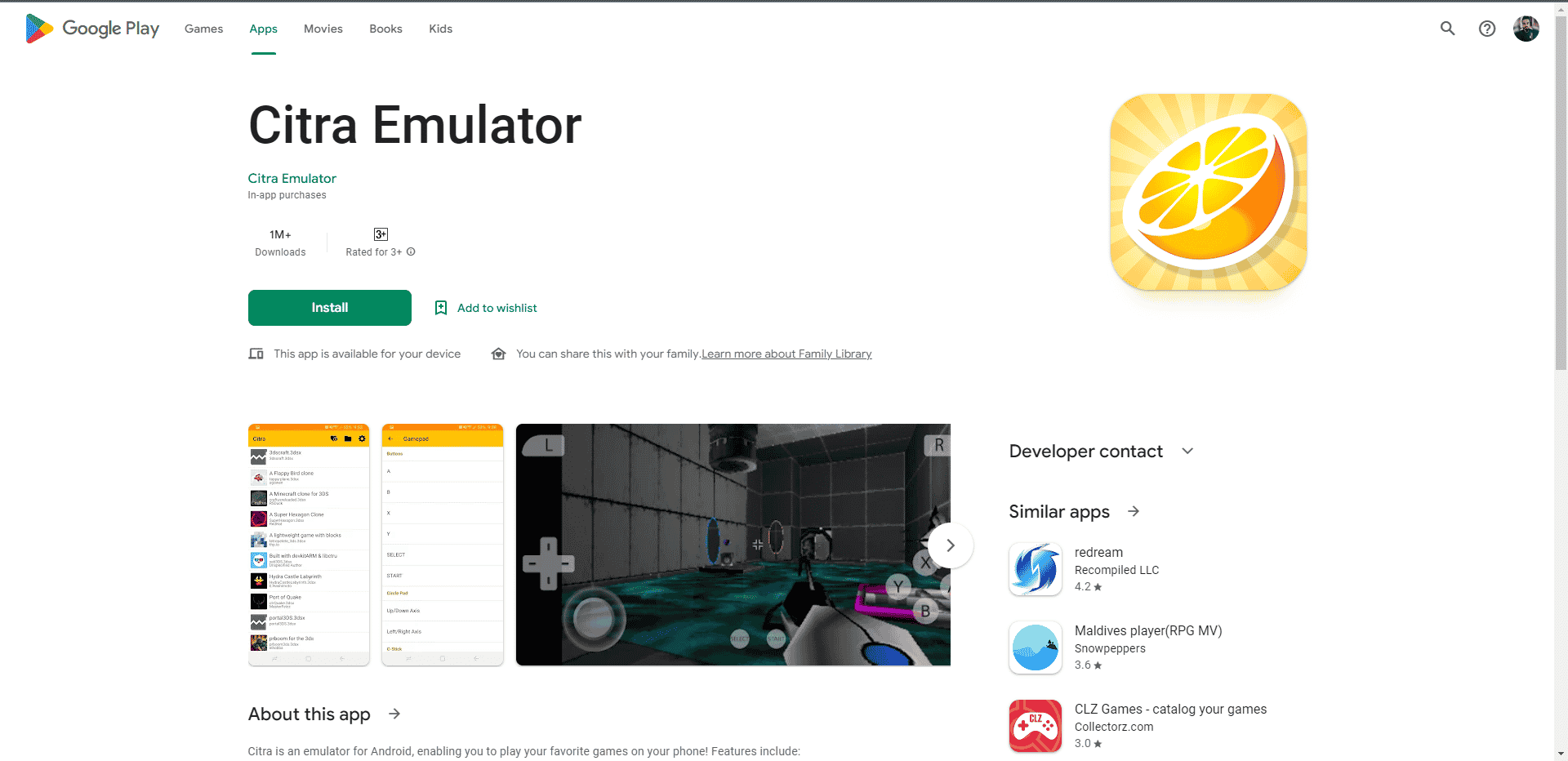 Page Web du Play Store de l'émulateur Citra