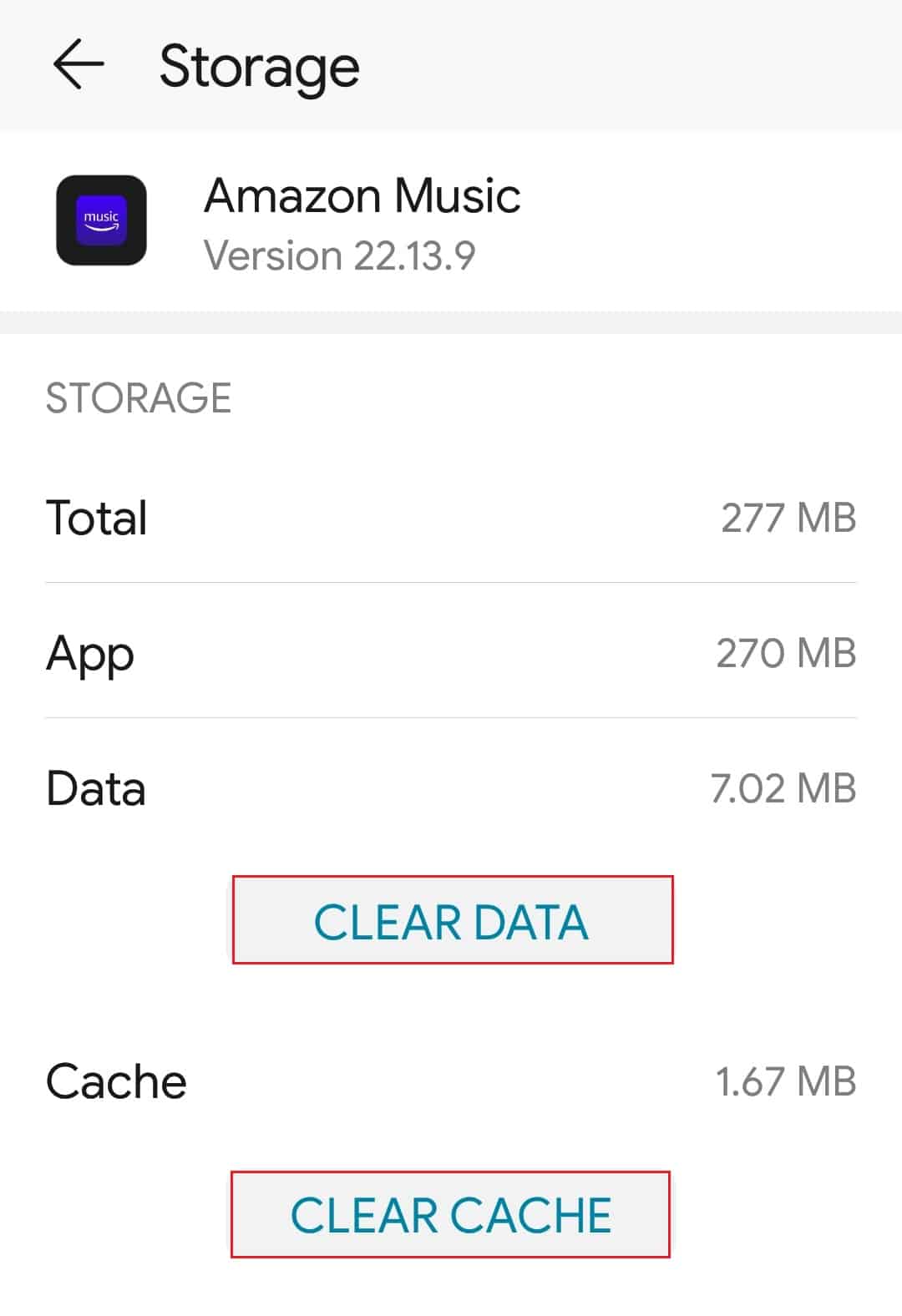 limpar dados e limpar cache na configuração de armazenamento do aplicativo Amazon Music Android
