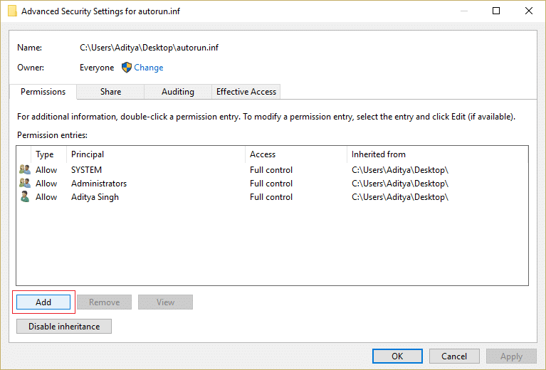 click Add under Advanced Security Settings for autorun.inf file