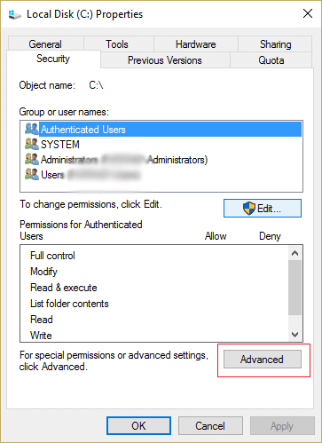 click Advanced options in security tab