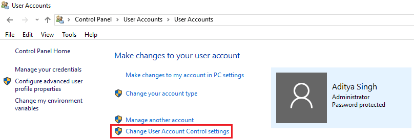 click Change User Account Control Settings