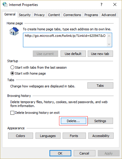 click Delete under browsing history in Internet Properties | Fix File is Damaged and Could Not Be Repaired