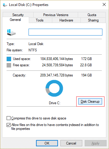 click Disk Cleanup in Properties window of the C drive