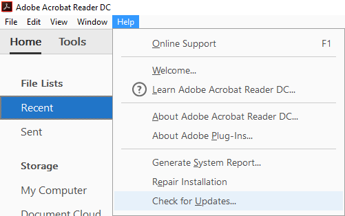 click Help then select Check for Updates in Adobe Reader menu
