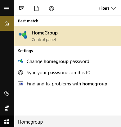 click HomeGroup in Windows Search