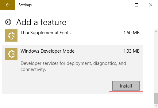 click Install on Windows Develper Mode
