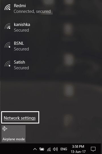 click Network settings in WiFi Window | Fix WiFi not Working in Windows 10 [100% Working]