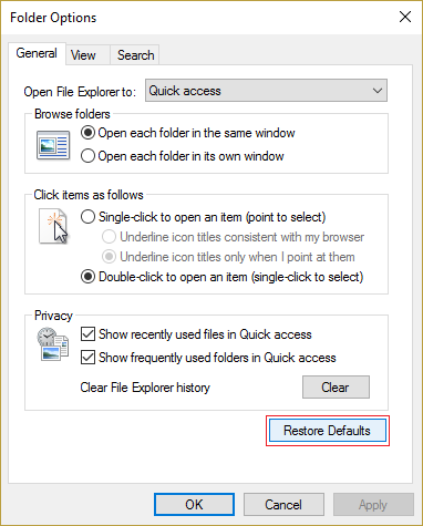 click Restore Defaults in Folder Options