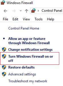 click Turn Windows Firewall on or off