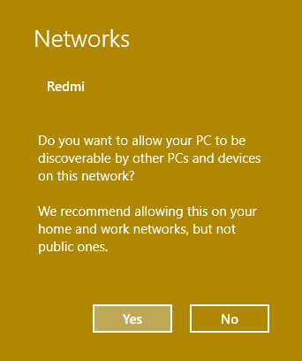 click Yes to make this network a private network