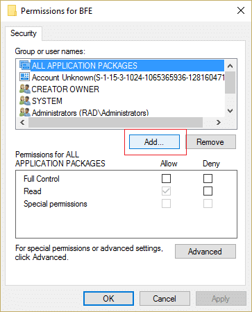 click add in Permissions for BFE
