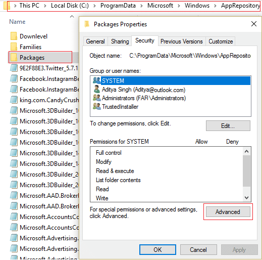 click advanced in security tab of packages in AppRepository