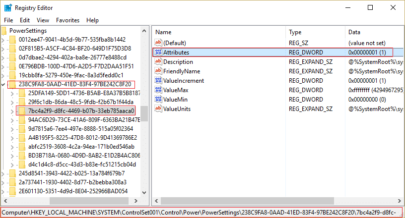 click attributes in power settings in Registry | Fix Windows 10 Sleeps after few minutes of Inactivity