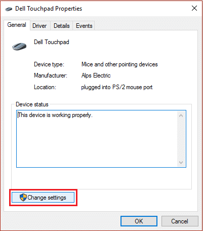 click change settings under mouse properties window