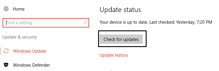 klikoni kontrolloni për përditësime nën Windows Update