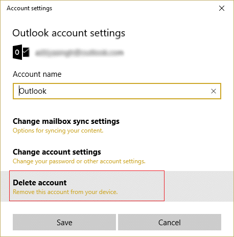 haga clic en eliminar cuenta en la configuración de la cuenta de Outlook