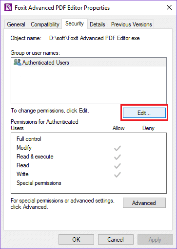 click edit in security tab under setup properties