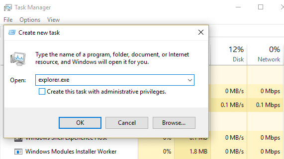 click file then Run new task and type explorer.exe click OK