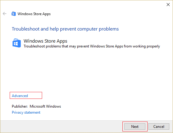 kliknij Zaawansowane, a następnie kliknij Dalej, aby uruchomić narzędzie do rozwiązywania problemów z aplikacjami ze Sklepu Windows