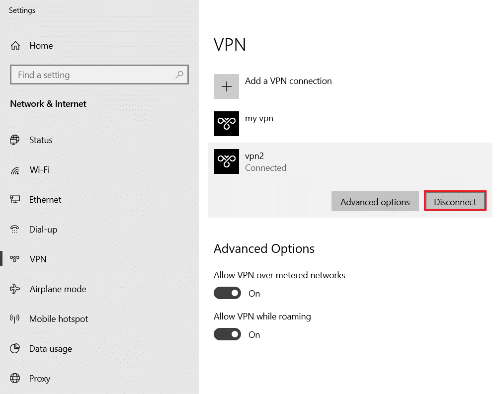click on Disconnect button to disconnect vpn. Fix ERR_EMPTY_RESPONSE on Windows 10