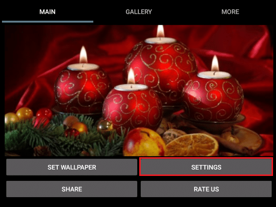 haga clic en Configuración en la aplicación de Android Christmas Candle 3D wallpaper