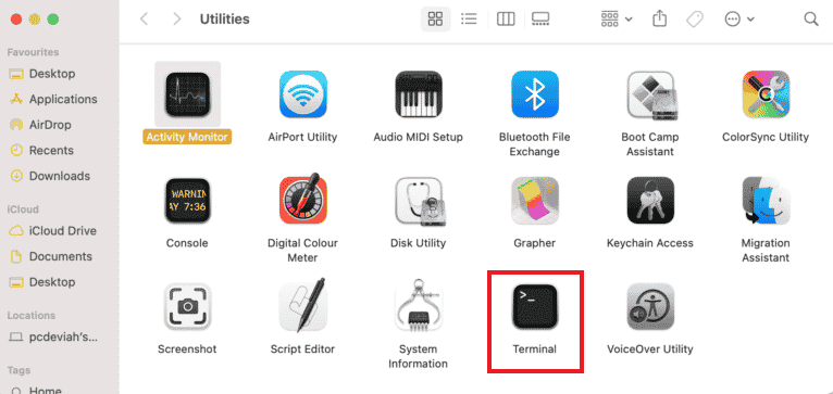 klik på Terminal i Mac Utilities-menuen
