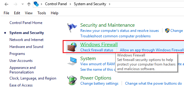 klikněte na Brána firewall systému Windows