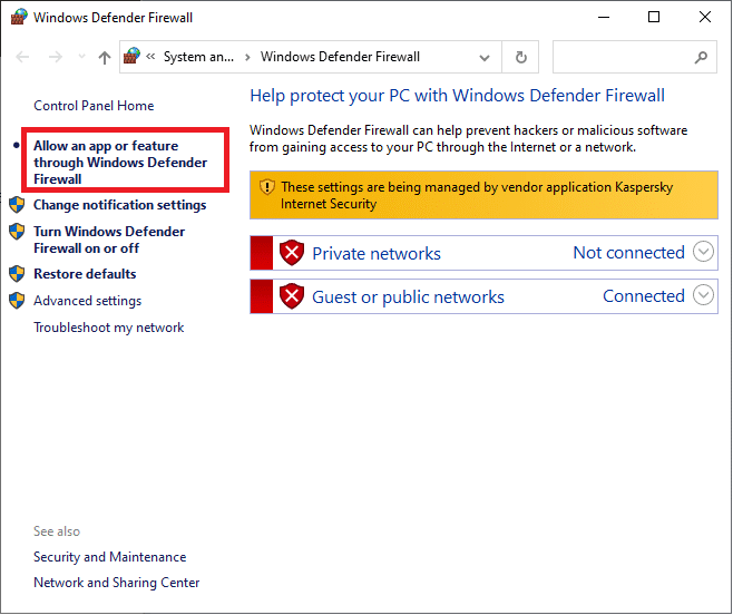 Click on Allow an app or feature through Windows Defender Firewall 