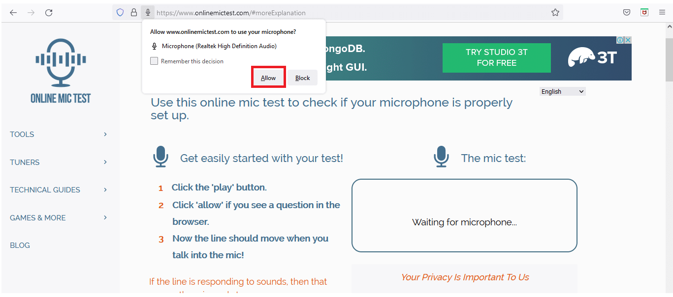 Click on Allow to give permission to your mic.
