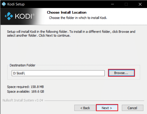click on browse to select the destination folder and click next in kodi installer window