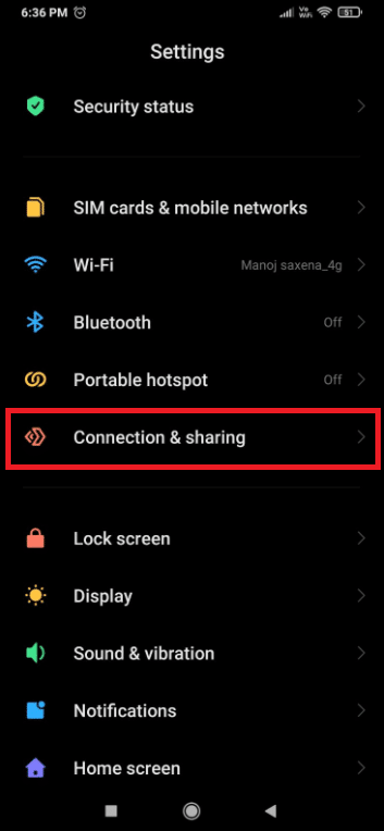 Click on Connection and Sharing