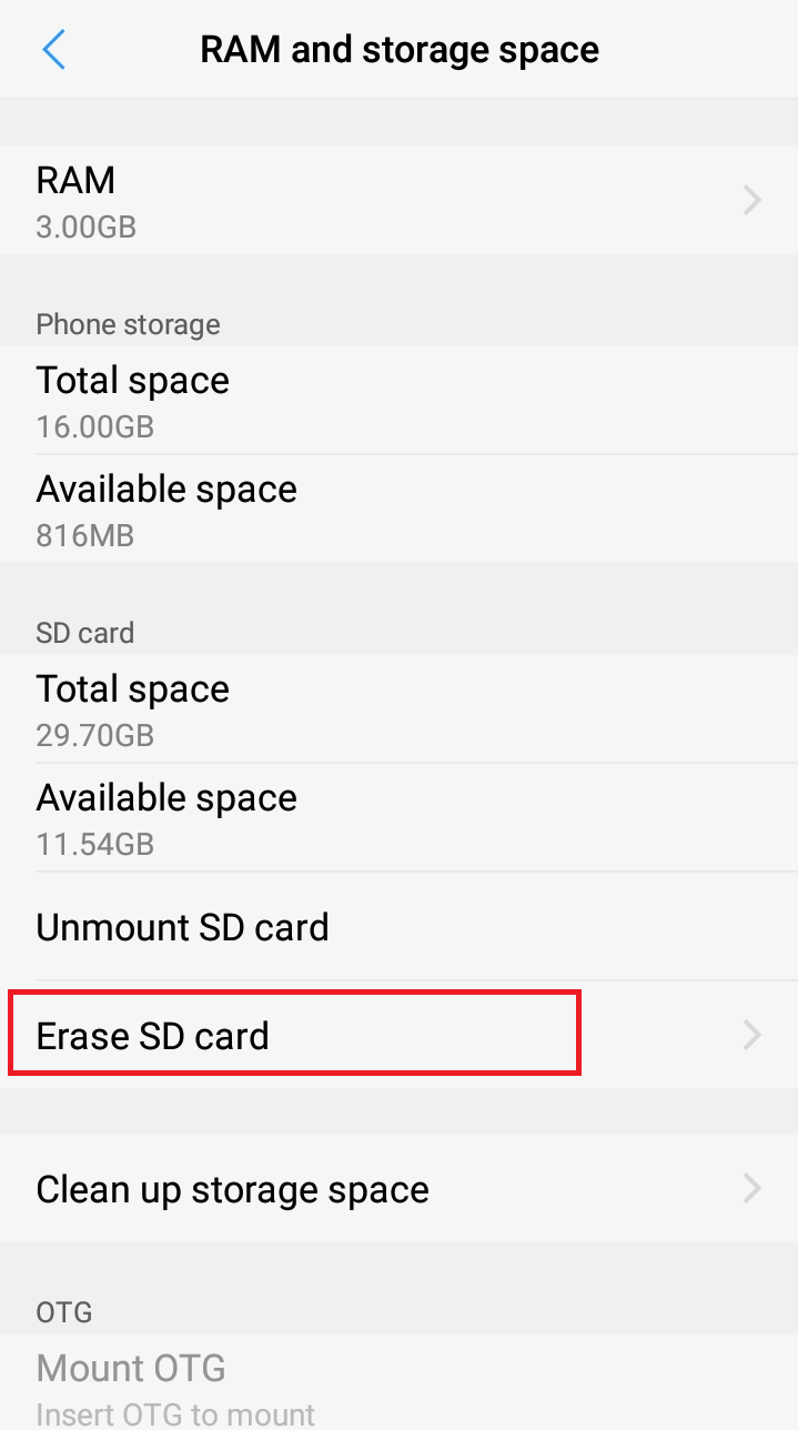 click on Erase SD card. Fix Amazon Music Not Downloading Error 200