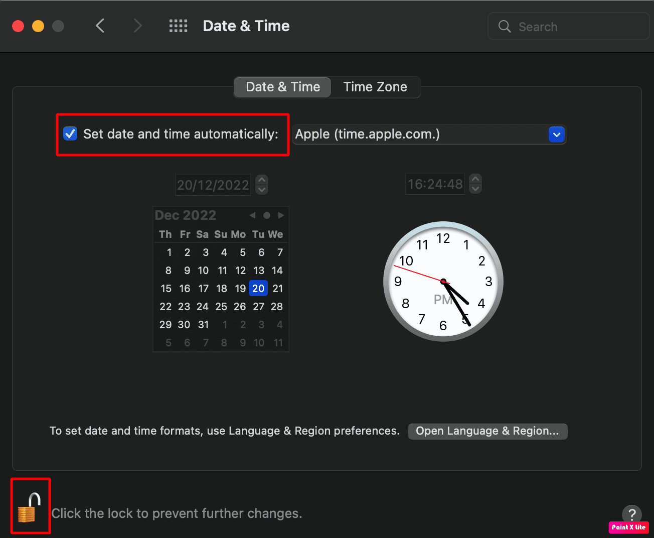 spustelėkite užrakto piktogramą ir pažymėkite automatiškai nustatyti datą ir laiką | Kaip pataisyti „iMessages“ nesinchronizavimą „Mac“.