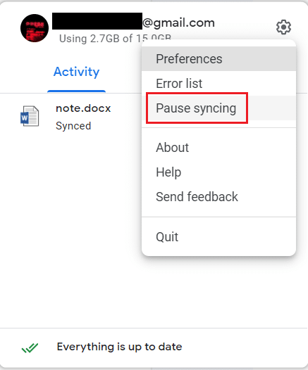 click on settings icon and select pause syncing 