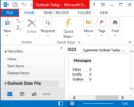 คลิกที่แท็บไฟล์ 14 วิธีในการแก้ไขข้อผิดพลาดการเชื่อมต่อ Outlook