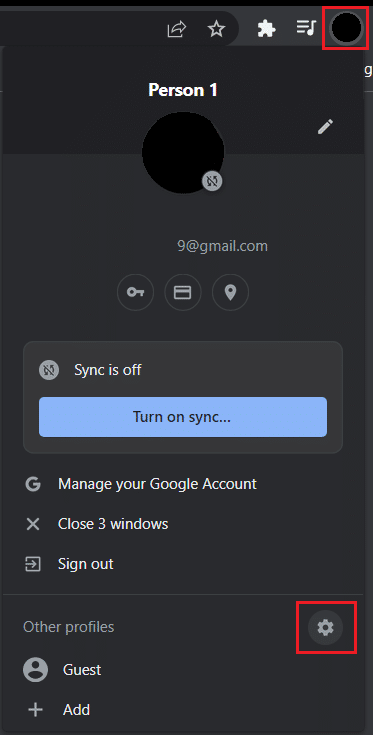 Haga clic en el ícono de perfil de la cuenta de Google Chrome y seleccione el ícono de configuración en la sección de otros perfiles.
