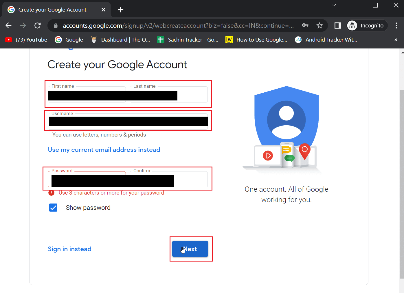 Click on the Next button to begin creating an account