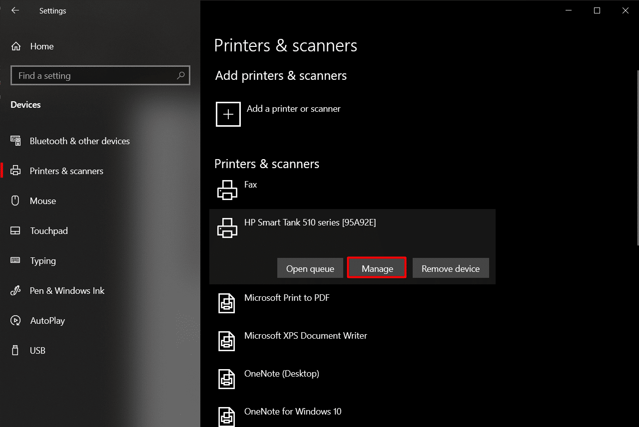 fai clic na túa impresora e selecciona xestionar | Como atopar o enderezo IP da impresora en Windows 10