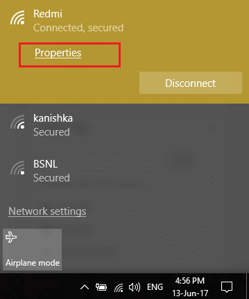 click properties under connected WiFi network