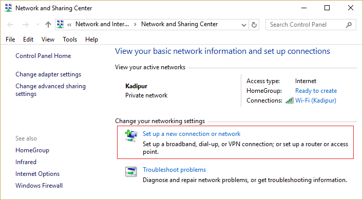 click setup a new connection or network | Fix Can't Connect to this network issue in Windows 10