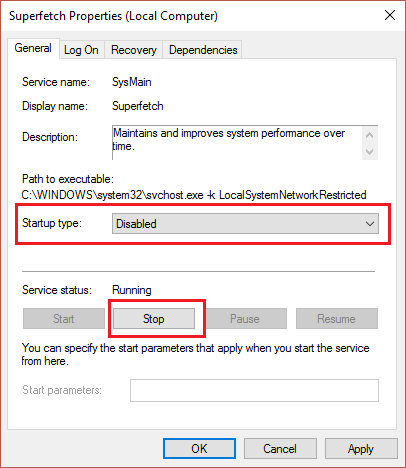 click stop then set startup type to disabled in superfetch properties