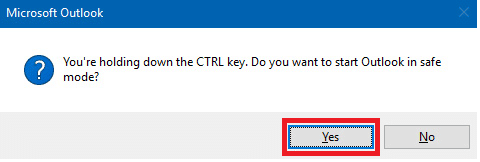 Haga clic en el botón Sí para ejecutar Outlook en modo seguro