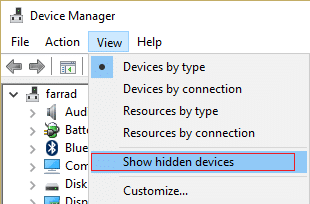 klikoni pamjen dhe më pas shfaqni pajisjet e fshehura në Device Manager