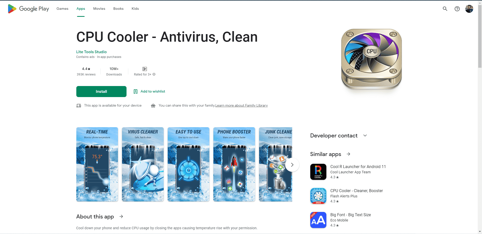 CPU Cooler Antivirus Clean playstore webpage