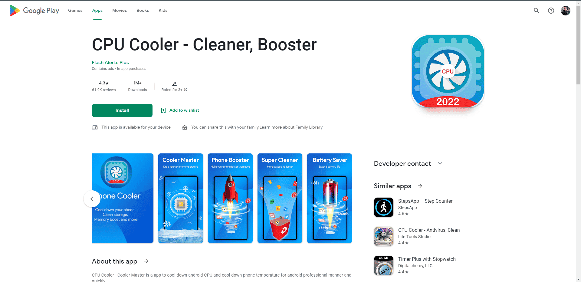CPU Cooler Cleaner Booster playstore webpage. Best Phone Cooling Apps for Android and iOS