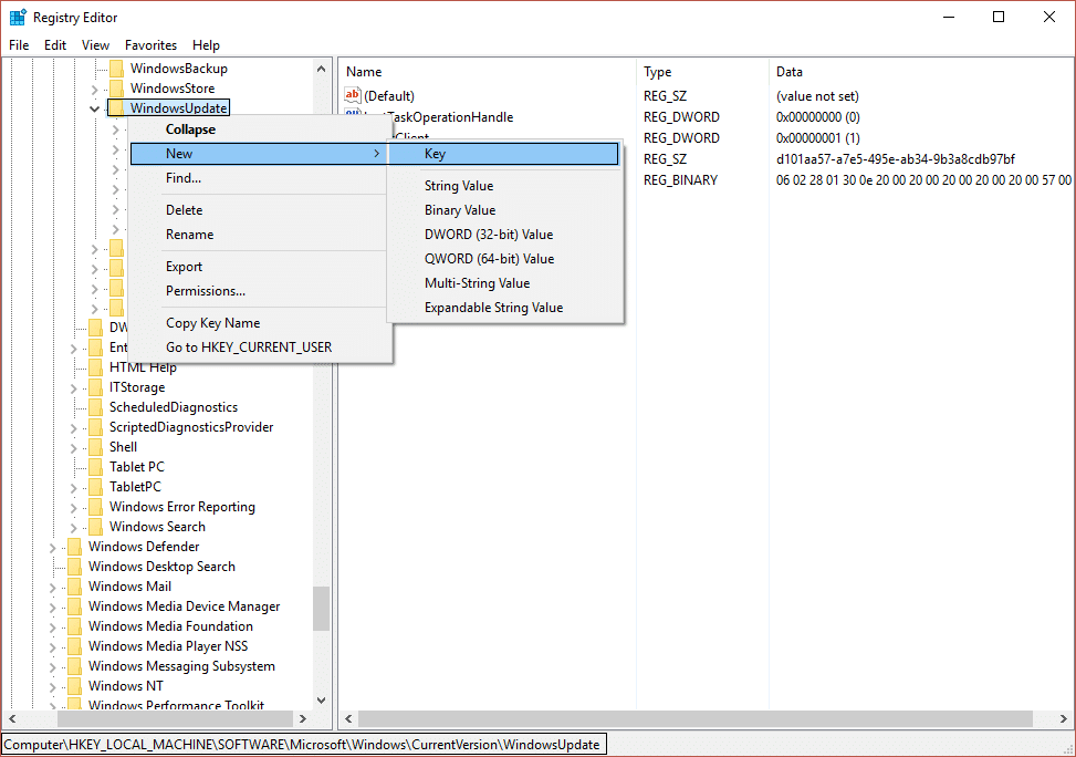 create a new key OSUpgrade in WindowsUpdate