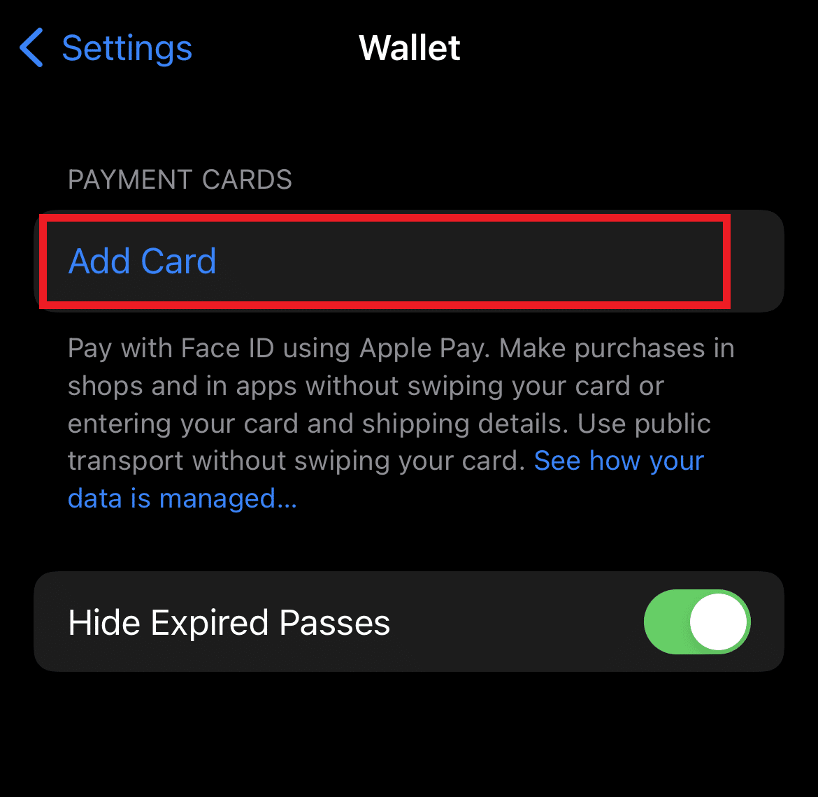 tap on Add Card to add a new card to Apple Pay