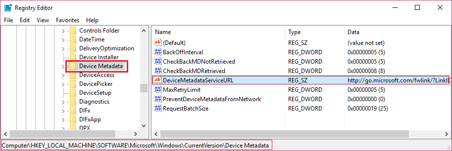 device Metadata in registry